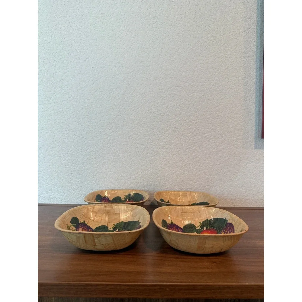Vintage Set of 4 Bamboo Woven Handpainted Vegetable Bowls 6